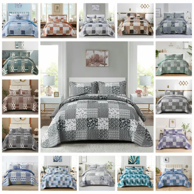 Patchwork Queen King Size Quilted Coverlet Sets Bedspread Bedding Pillowcases