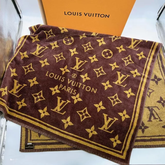 Louis Vuitton Beach Bath Towel Drap De Bain Monogram Brown Cotton Blanket  Used
