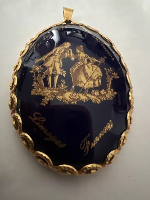 Vintage Limoges France Courting Couple Porcelain Pendant Mirror Gold Tone Blue