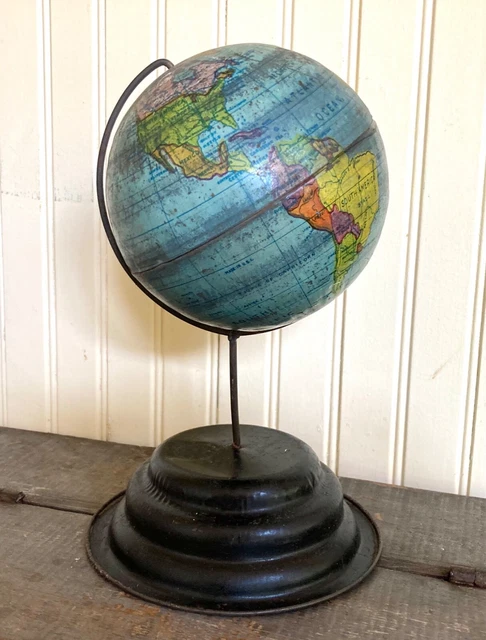 Antique Miniature World Globe Tin Lithograph On Wire Stand Candy Container 5”