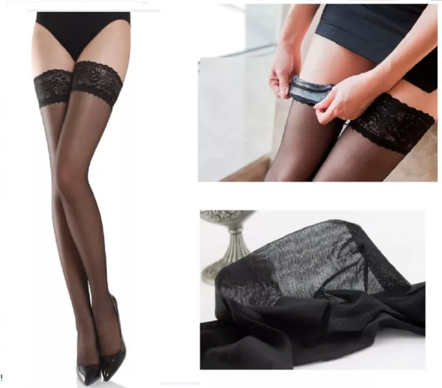 Women Sheer Lace Top Non-slip Thigh High Stockings Hold-up Pull up Stay up 3