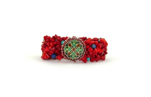 Coral Nugget Bracelet Carolyn Pollack Stretch Multi-stone Inlay Medalion