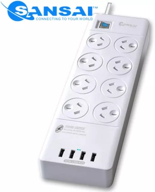 SANSAI Power Board Strip Extension 8 Outlet Surge 4 USB Charger (8 Way) NEW AU 2