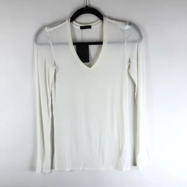 NWT ATM White V-Neckline Long Sleeve Ribbed Micromodal Pullover Top Size S