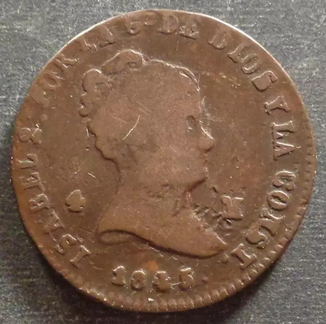 Spain - Isabel II, Copper 4 Maravedis, 1845, toned