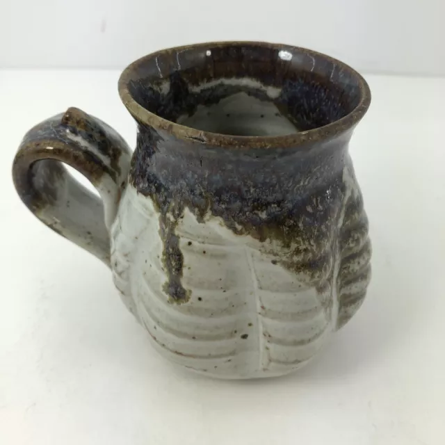 Art Pottery Mug Signed By Artist Brown Drip /Ribbing 4” X 2 3/4”Vintage