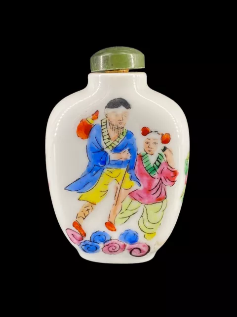 Signed Chinese Asian Antique Porcelain Snuff Bottle Jade Stopper Hand Painted