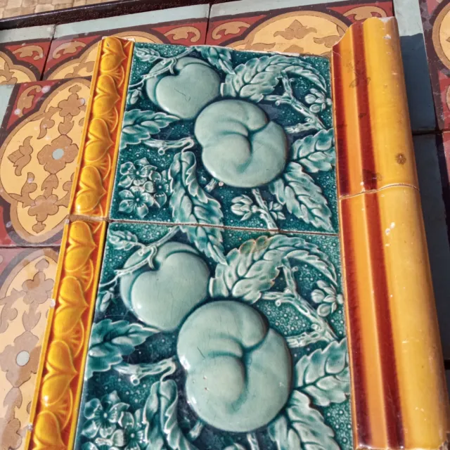 Reclaimed original period antique Art Nouveau tile fruits floral wall panel 6