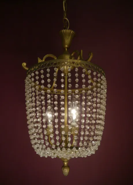 Old Bronze Glass Pearls Basket Lamp Chandelier Lustre Used 3 Light Ø 14"