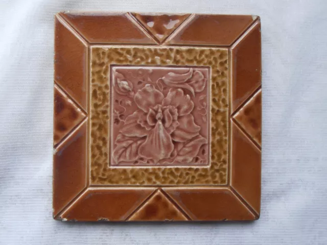 Old majolica Victorian Pilkington brown + pink Floral pattern tile app 6" x 6"
