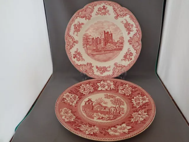 2 Vintage Red Transferware Dinner Plates  Hadderidge Pottery & Johnson Bros.