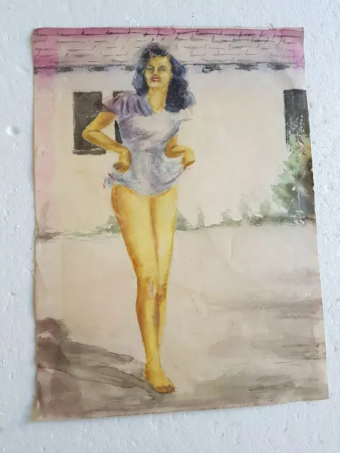 Aquarelle ancienne jeune femme relevant sa robe sans date ni signature ( 1960 )