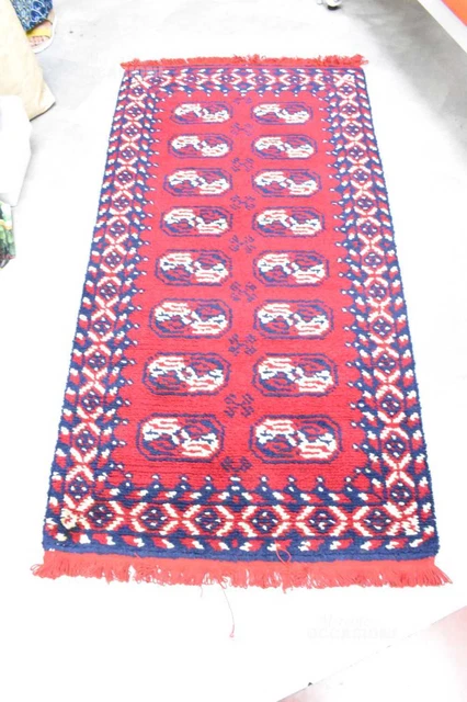 Alfombra de Lana Hecho a Mano Azul Blanco Rojo 92x180 CM
