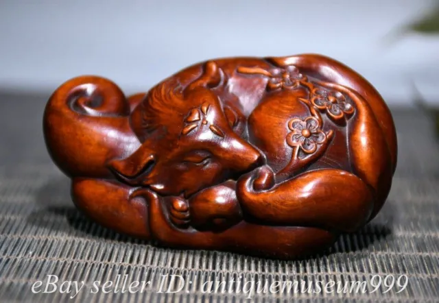 3.2" Old Chinese Huanghua pear Wood Carved Dynasty Nine tailed Fox Statue