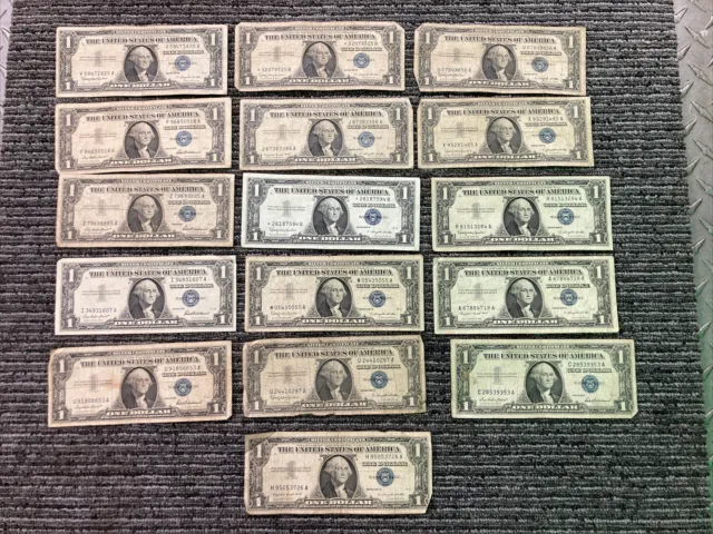 1957 One Dollar Blue Seal Note Silver Certificate Heavily Circulated Lot Of 16