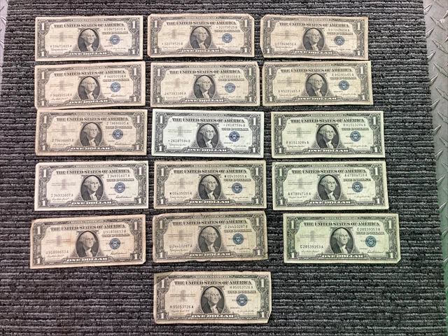 1957 One Dollar Blue Seal Note Silver Certificate Heavily Circulated Lot Of 16