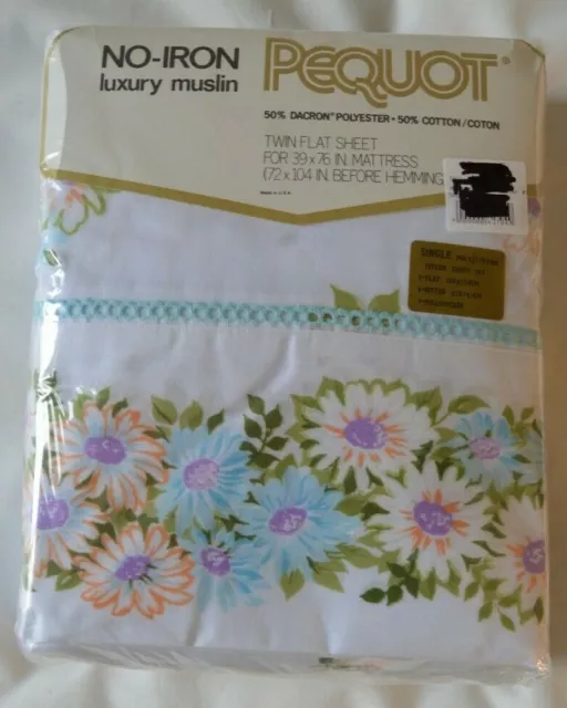 Pequot Vintage Sheet Set Single Bed Floral NOS Blue Daisy Fabric Craft Use