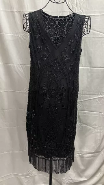 LAUREN Ralph Lauren Women's Black Beaded Fringe Shift Dress Sz 2 NWOT