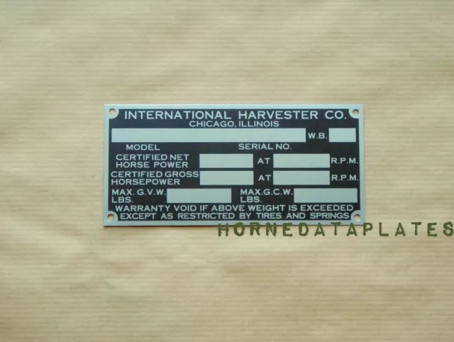 HARVESTER INTERNATIONAL COMPANY SCOUT TRUCK 60s DATA PLATE ID TAG IH IHC