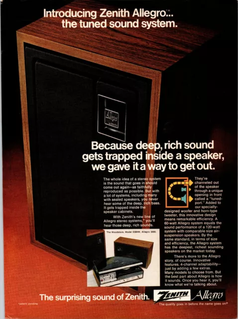Vintage 1973 Zenith Allegro Tuned Stereo Sound System Print Ad Advertisement