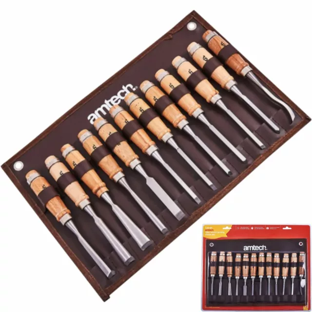 Amtech 12pc Wood Sculpt Carving Knives Chisels Steel Tool Blades Kit Set