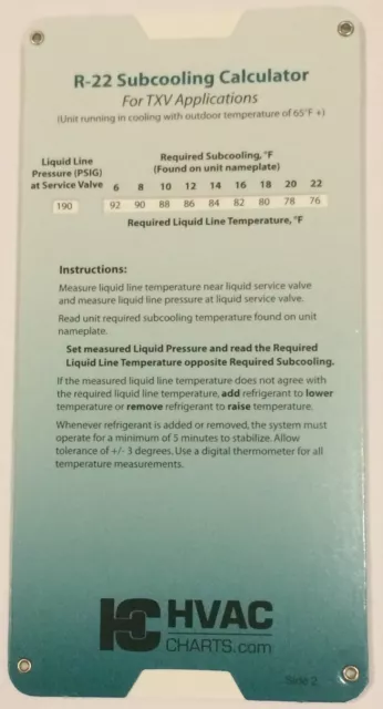 R 22 Superheat Subcooling Calculator Charging  Chart TXV TEV