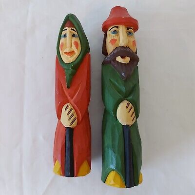 Pair of Vintage Hand Carved Wooden Primitive Gnomes - Excellent Condition