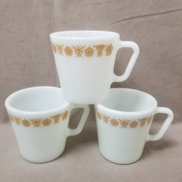 Vintage Pyrex Corelle Milk Glass Butterfly Gold Coffee Tea Cups Mugs Set of 3