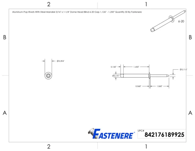 Pop Rivets 3/16" x 1-1/4" Aluminum Body Steel Mandrel Dome Head Blind Qty 50 2