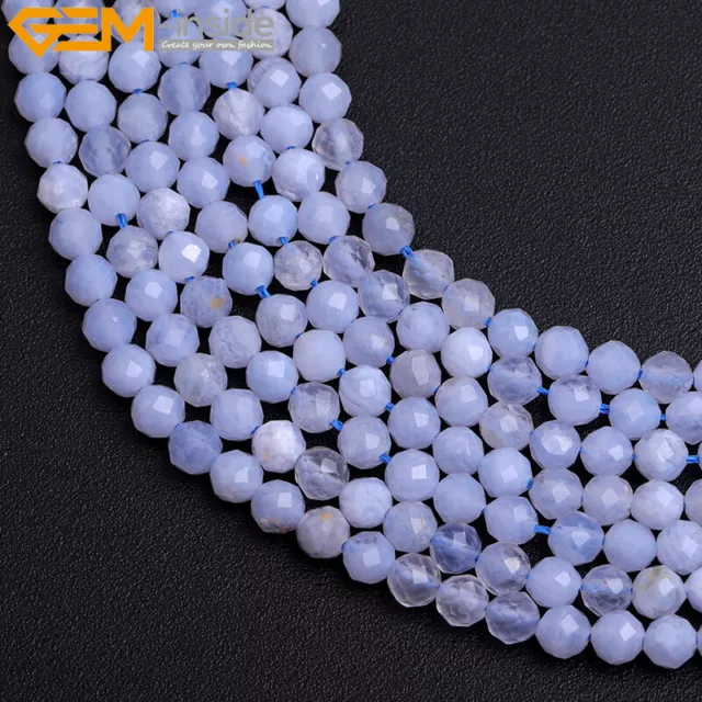 Natural Blue Chalcedony Faceted Stone Spacer Bead Jewelry Making 15" 2mm 3mm 4mm
