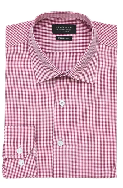 New Mens Dress Shirt Plaid Red Tailored Slim Fit Wrinkle Free Cotton By AZAR MAN