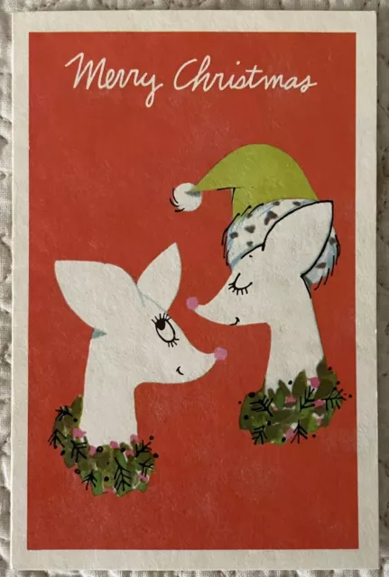 Unused Christmas Deer Pair Red Nose Retro Vintage Greeting Card 1960s 1970s