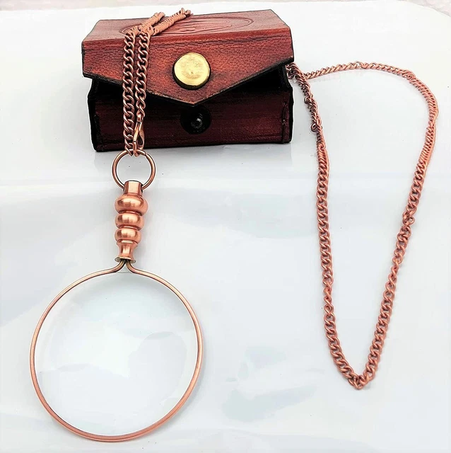 Mini Brass Magnifying Glass Necklace Chain With Wood box Vintage Collectible