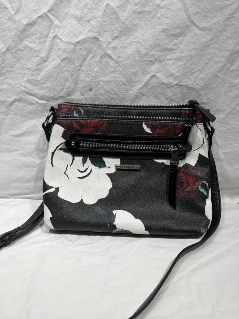 Dana Buchman Vegan Leather Black Floral Crossbody Bag Multiple Zips  Compartment