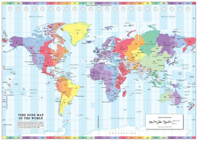 COSMOGRAPHICS: TIME ZONE Wall Map of the World - Compact - 22.25" x 15. ...