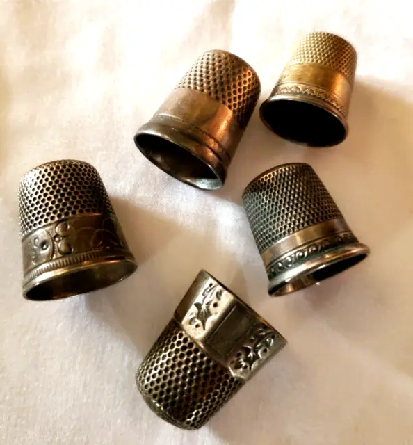 5 Antique Assorted Maker Sterling Silver Thimbles Sewing Memorabilia