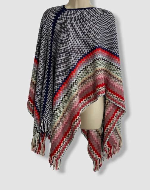 $435 Missoni Women's Blue Multi Chevron Knit Wool Poncho Jacket Coat One Size
