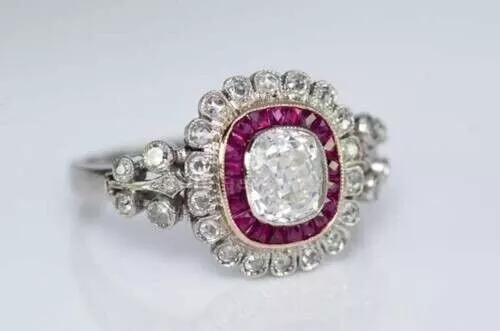 Art Deco Cushion Lab-Created Diamond & Ruby Wedding 14Ct White Gold Filled Ring