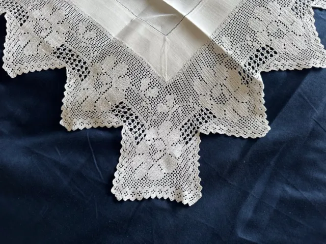 Lovely Vintage Square White Irish Linen Table Cloth Deep Hand Crocheted Edging