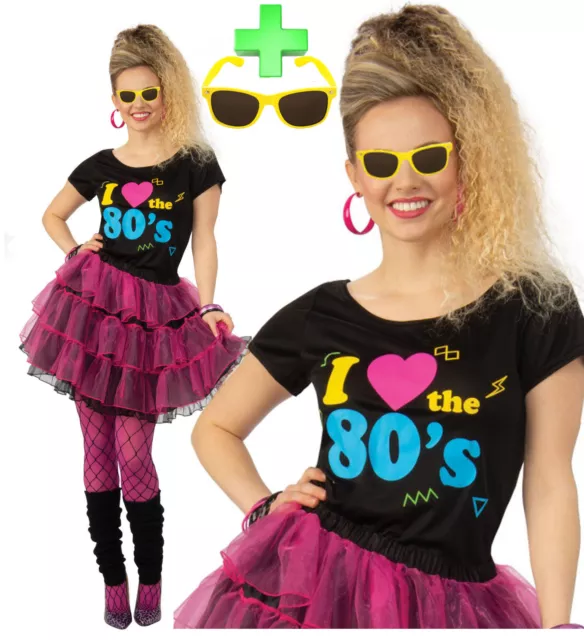 Ladies Womens Love 80s Disco Madonna T-Shirt Skirt  Fancy Dress Costume + SHADES