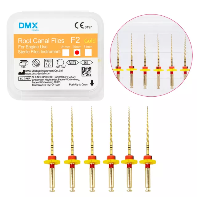 DMX Dental Endodontic NITI Rotary Root Canal Files Gold Taper F2 25mm 6 Pcs/Pack