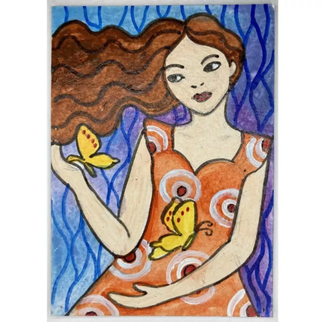 ACEO ORIGINAL PAINTING Mini Art Card People Woman Girl Butterflies Lady Ooak