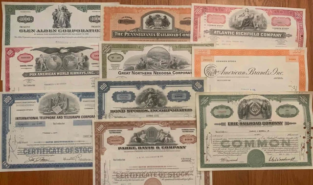 Mixed Lot of 100 Stock Certificates:  10 Each of 10 Varieties