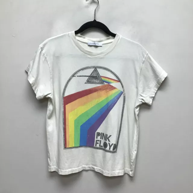 Daydreamer Womens White Pink Floyd Retro Rainbow Short Sleeve Cotton Top S