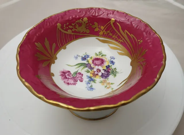 Vtg Limoges France Porcelain Burgundy Gold Rim Floral Footed Small Compote Dish