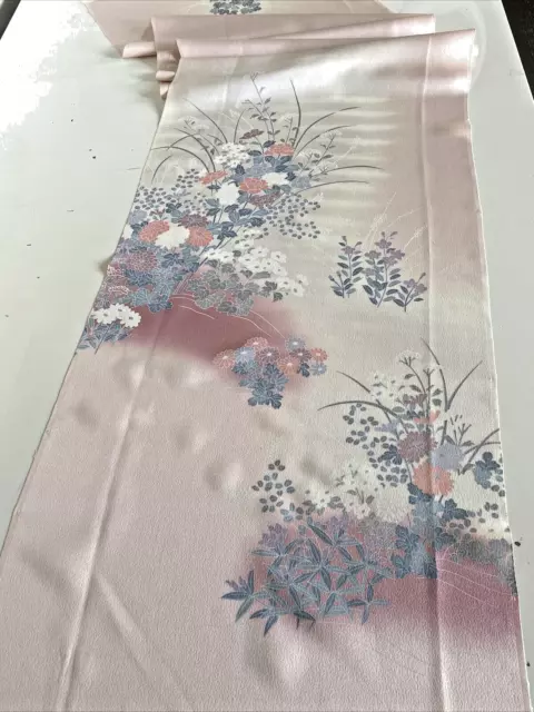 Vintage Japanese Kimono Silk Fabric, Pink Silky Floral Panel 161cm-3