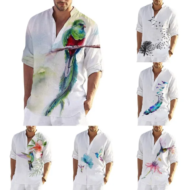Camicia uomo in lino stampata casual vestibilità sciolta pullover camicetta con