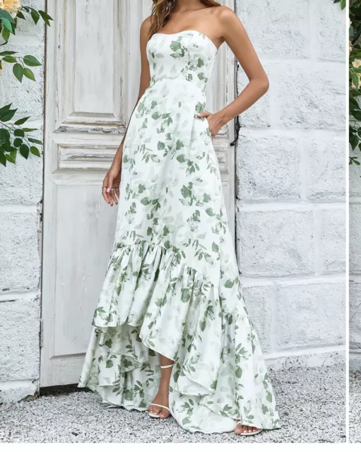 GREEN FLORAL STRAPLESS Dress Formal Sundress Pockets Dress Size 10 ...