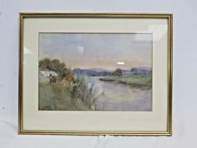 Original Signed M Hill Watercolour Painting Landscape River Nature Sea Framed