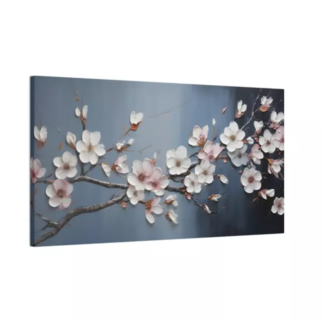 White Flowers Canvas Blue Grey Pink Oil Painting Print Wall Art Decor